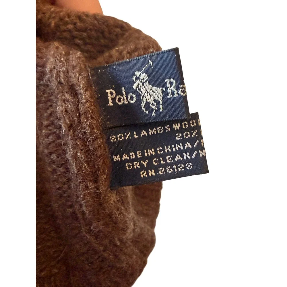 Vintage Polo Ralph Lauren Brown Lambswool Ribbed Knit Beanie Hat Green Pony Logo